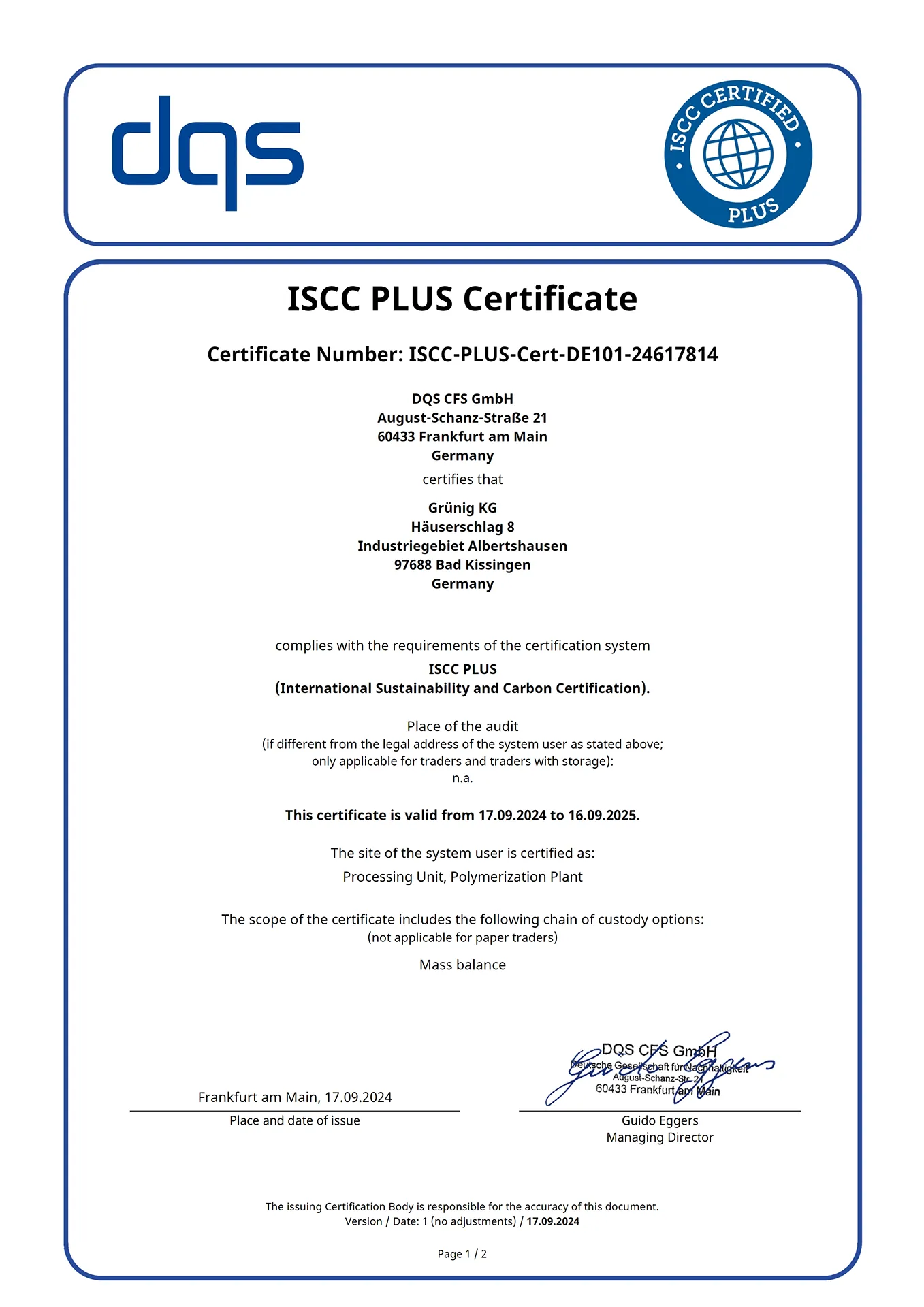 ISCC PLUS Zertifikat